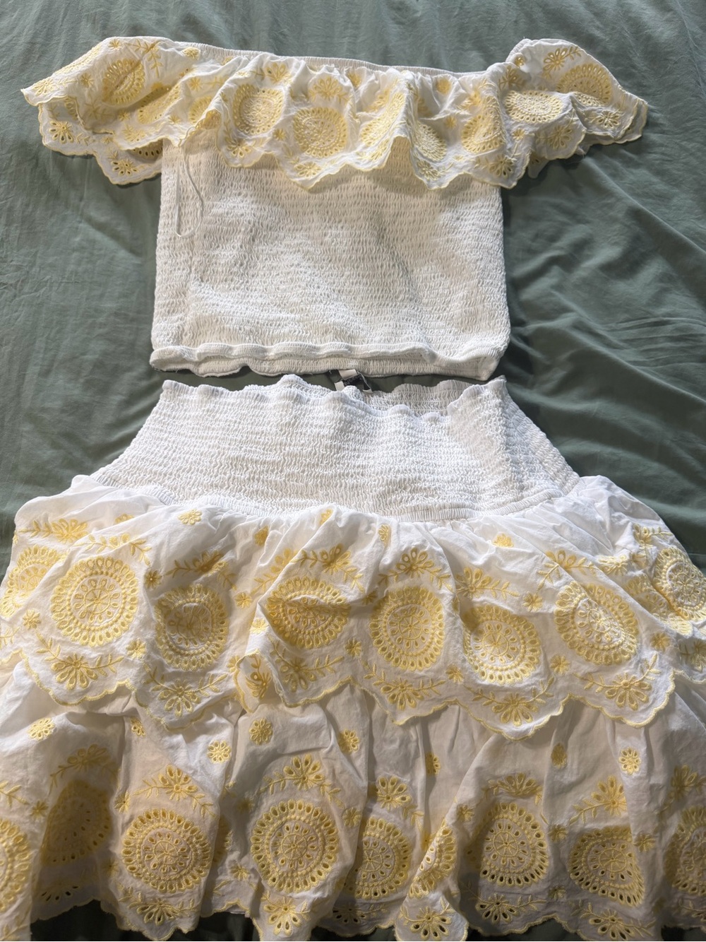 Francesca's Collections White and Yellow Off-Shoulder Two-Piece Dress